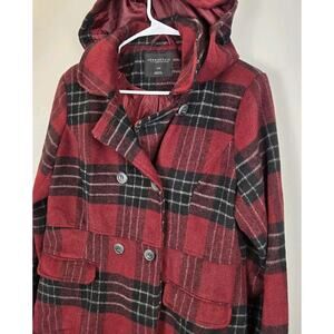 Aeropostale Womens Red Black Lined Hooded Peacoat Winter Jacket XL Double Brstd